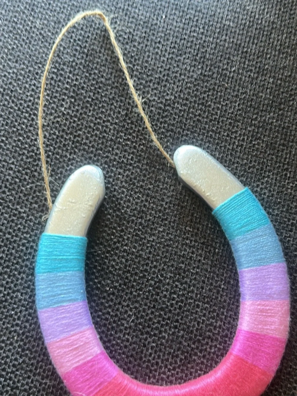 Handwrapped Colorblock Horseshoe Ornament in Teal, Purple, Pink